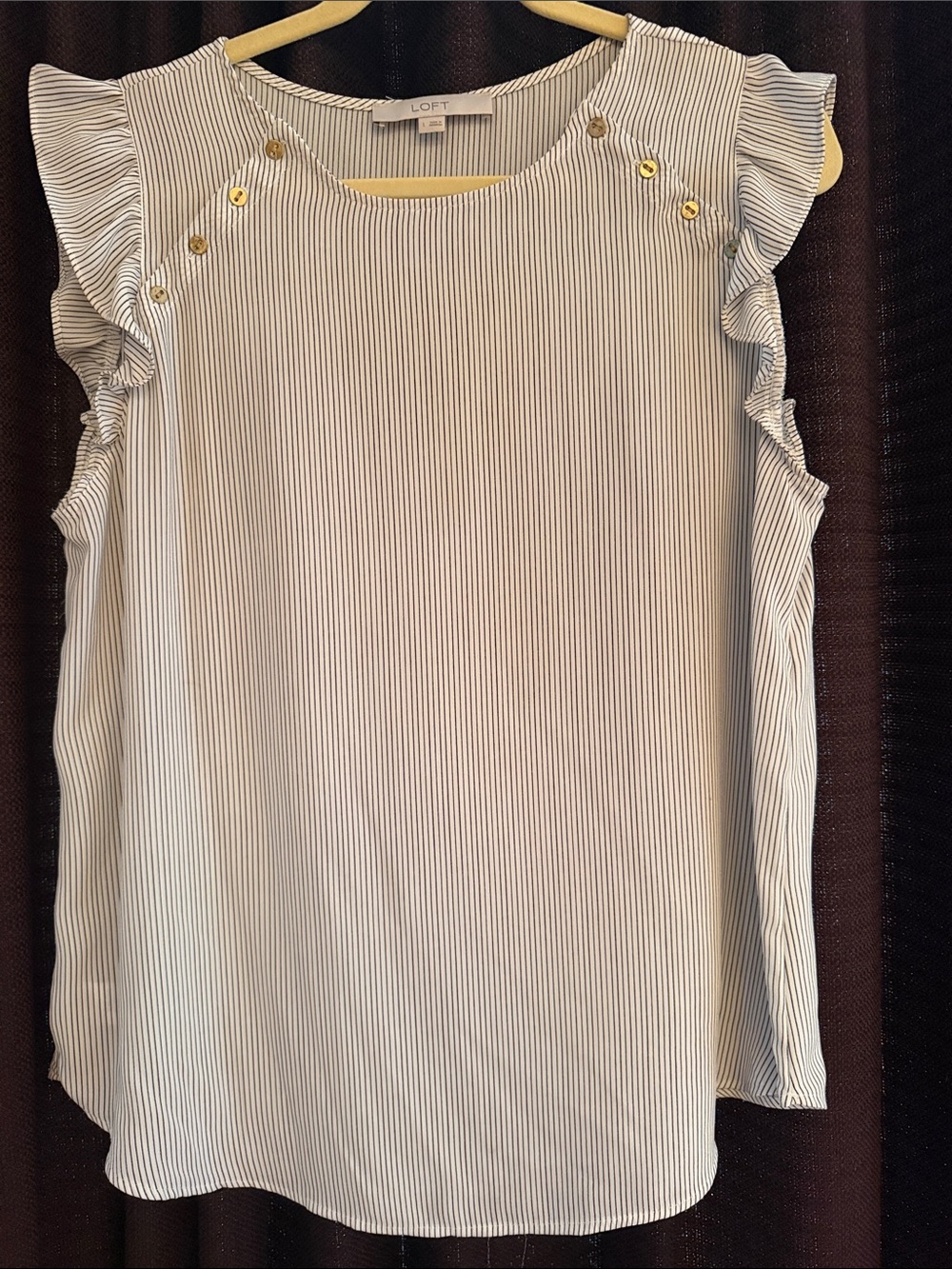 LOFT Black and White Pinstripe Ruffle Sleeve Shell with Gold Buttons